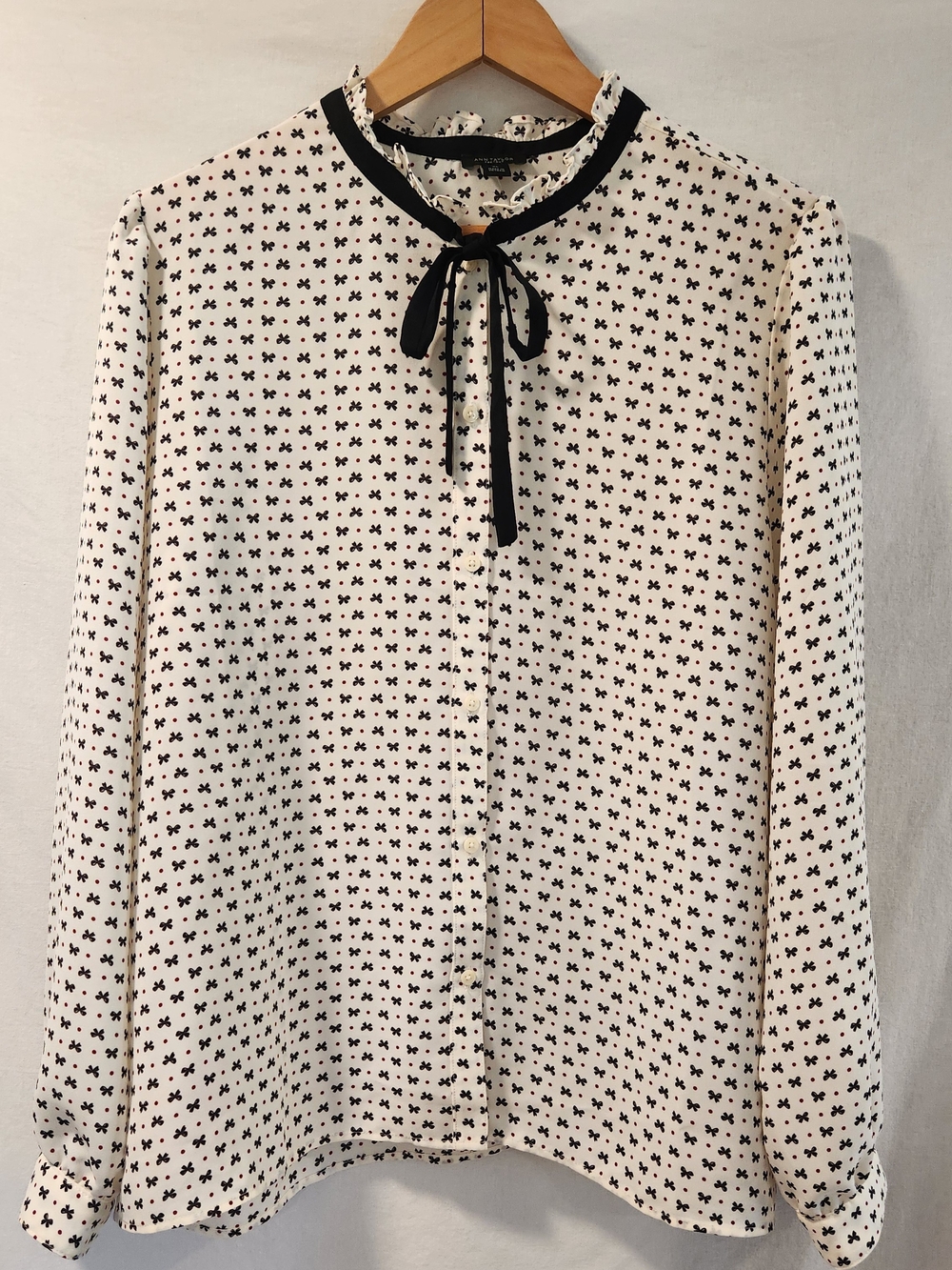 Ann Taylor Ruffle Neck Bow Print Blouse Size XL